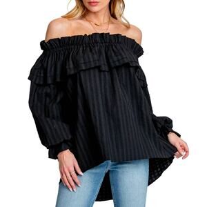 Monte Natasha Top Boho Off Shoulder Ruffle Trim Long Sleeve Black Size Small New
